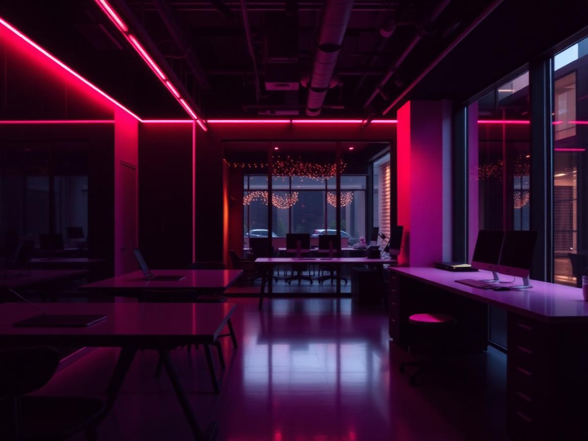 Modern agency workspace lit with magenta accent lighting