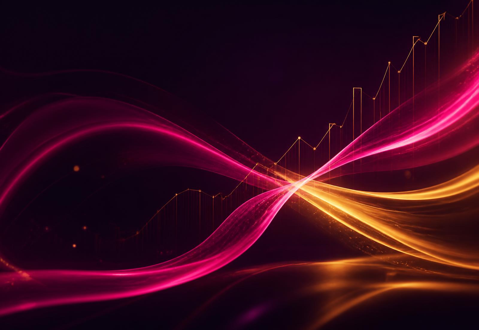 Abstract magenta and gold growth curves on a deep plum background